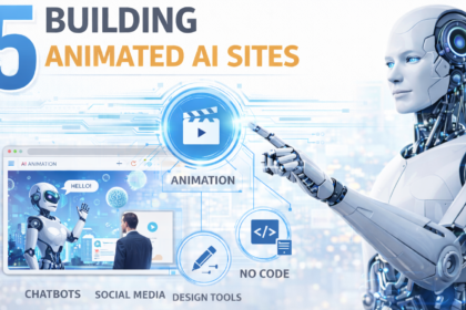 5 Building Animated AI Sites concept showing AI robot creating animated website interface with modern web design tools