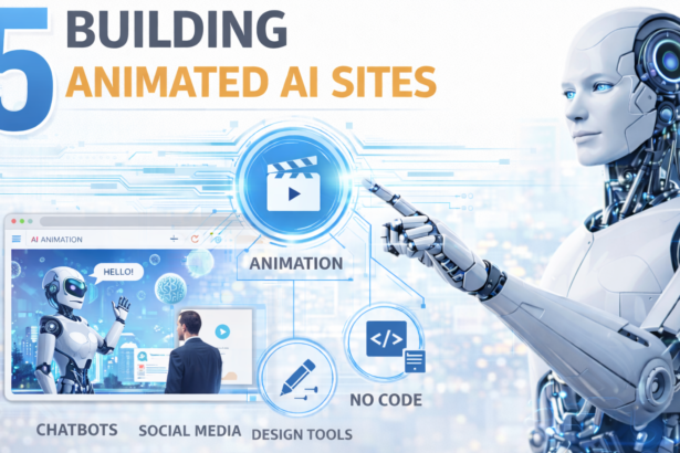 5 Building Animated AI Sites concept showing AI robot creating animated website interface with modern web design tools
