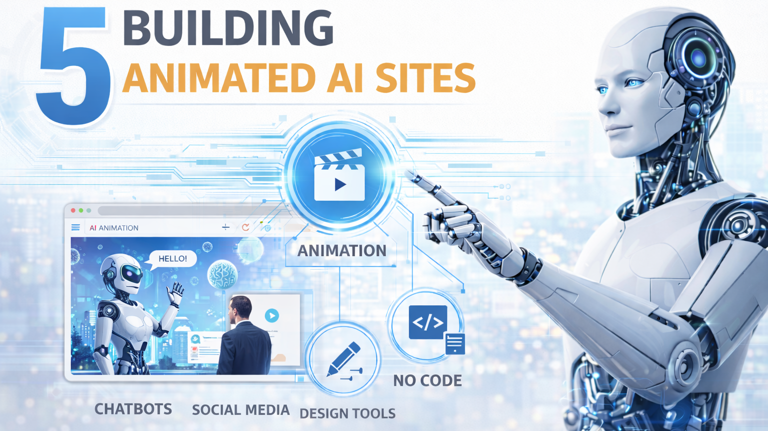 5 Building Animated AI Sites concept showing AI robot creating animated website interface with modern web design tools