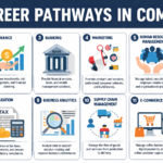 Infographic of Phygital learning for 12 Career Pathways in Commerce showing the overlap of physical internships and digital tools.