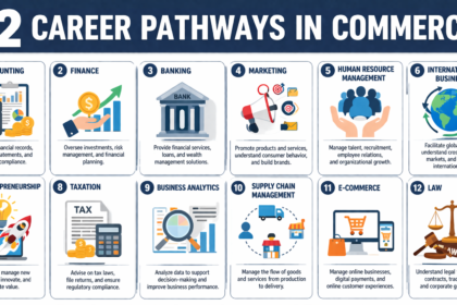 Infographic of Phygital learning for 12 Career Pathways in Commerce showing the overlap of physical internships and digital tools.