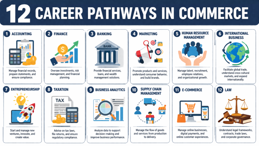 Infographic of Phygital learning for 12 Career Pathways in Commerce showing the overlap of physical internships and digital tools.