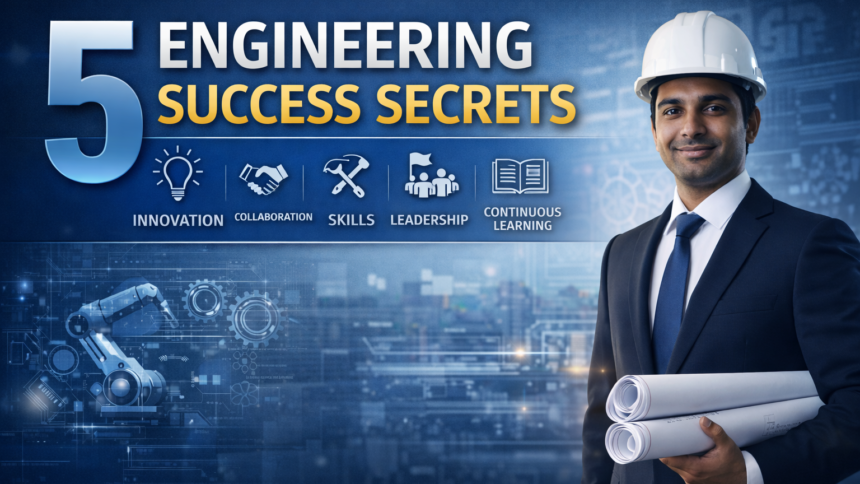 5 Engineering Success Secrets infographic showing a roadmap from college admissions to high-tier career leadership in 2025-26.