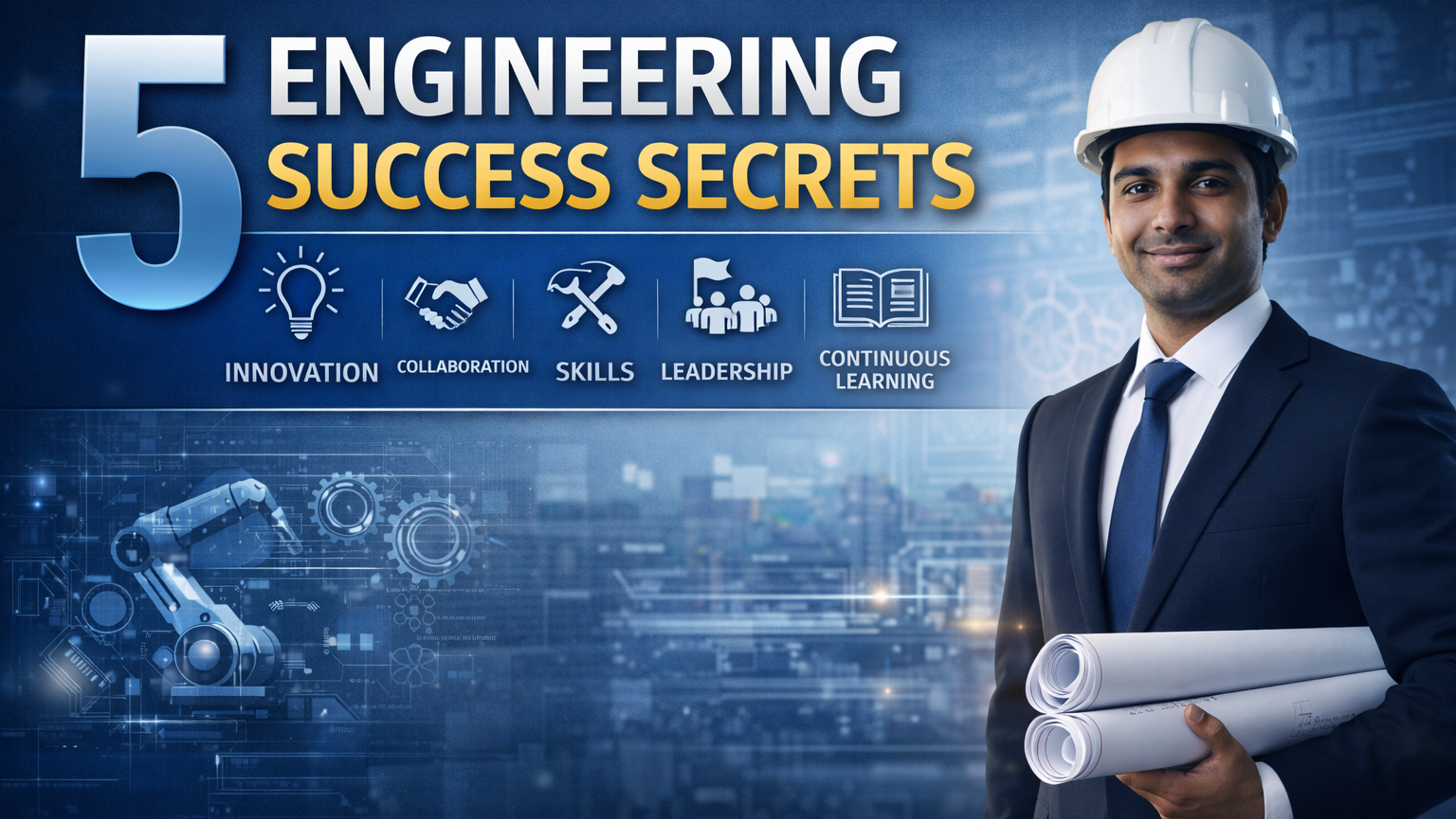 5 Engineering Success Secrets infographic showing a roadmap from college admissions to high-tier career leadership in 2025-26.