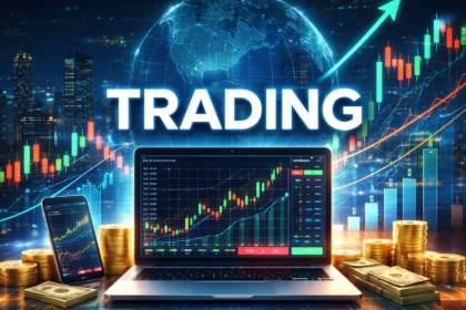 5 Stock Market Trading Basics guide showing trading charts, laptop dashboard and rising stock market graph