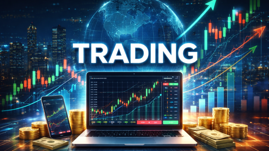 5 Stock Market Trading Basics guide showing trading charts, laptop dashboard and rising stock market graph