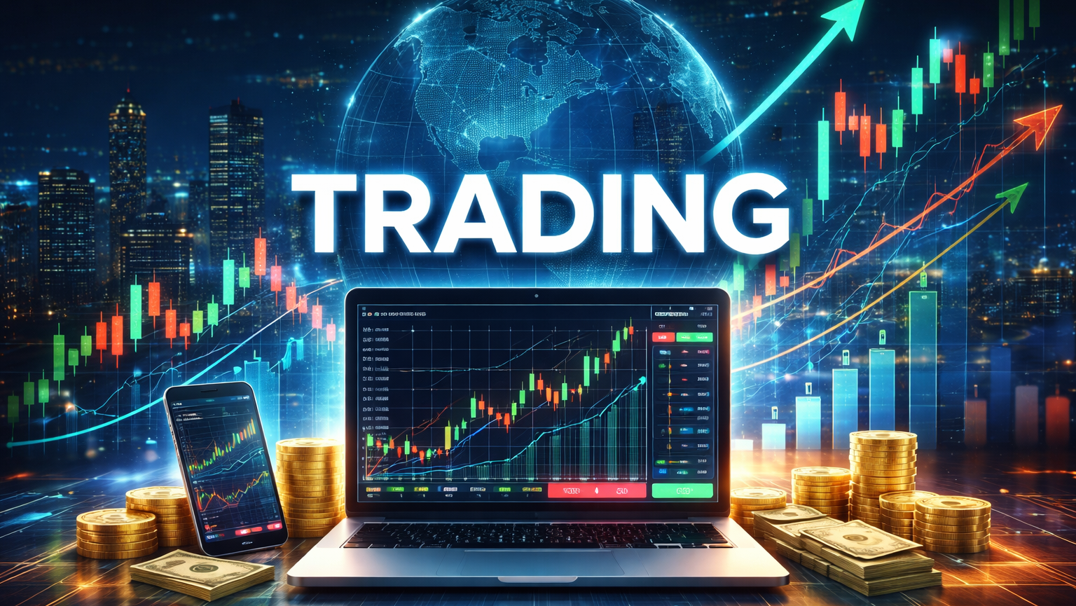5 Stock Market Trading Basics guide showing trading charts, laptop dashboard and rising stock market graph