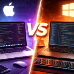 Side-by-side comparison of a MacBook Air M5 and a Windows Core Ultra laptop on a developer's desk, demonstrating the Mac vs laptop for coding choice for 2026 engineering students.
