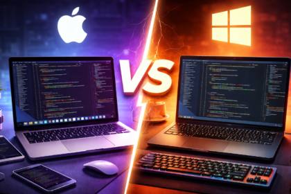 Side-by-side comparison of a MacBook Air M5 and a Windows Core Ultra laptop on a developer's desk, demonstrating the Mac vs laptop for coding choice for 2026 engineering students.