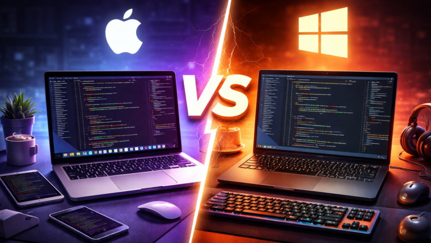 Side-by-side comparison of a MacBook Air M5 and a Windows Core Ultra laptop on a developer's desk, demonstrating the Mac vs laptop for coding choice for 2026 engineering students.