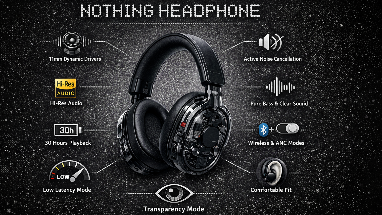 Features of Nothing Headphone with ANC, Hi-Res Audio, 30 Hours Battery and Transparency Mode