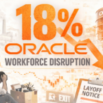 A digital conceptualization of the 18% Oracle Workforce Disruption showing the transition from traditional software engineering to AI cloud infrastructure in India.