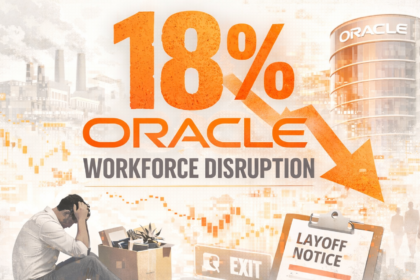 A digital conceptualization of the 18% Oracle Workforce Disruption showing the transition from traditional software engineering to AI cloud infrastructure in India.