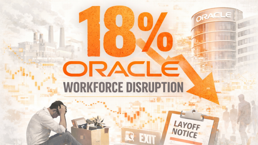 A digital conceptualization of the 18% Oracle Workforce Disruption showing the transition from traditional software engineering to AI cloud infrastructure in India.