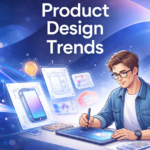 A modern digital design studio showing a student using AI-powered CAD software to generate sustainable product prototypes based on 12 Product Design Trends.