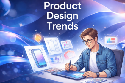 A modern digital design studio showing a student using AI-powered CAD software to generate sustainable product prototypes based on 12 Product Design Trends.