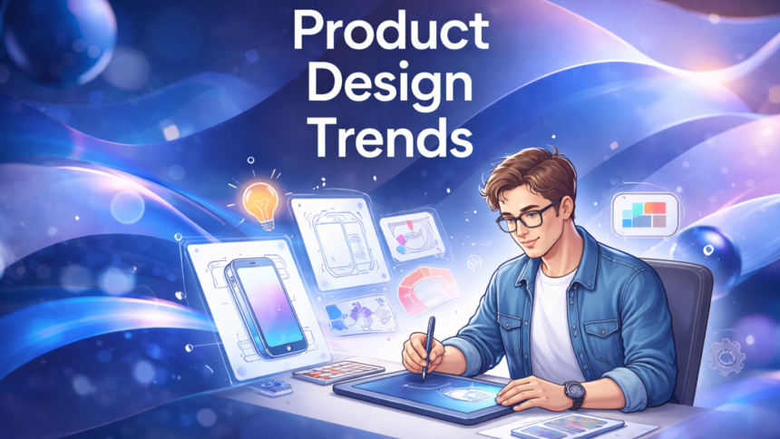 A modern digital design studio showing a student using AI-powered CAD software to generate sustainable product prototypes based on 12 Product Design Trends.