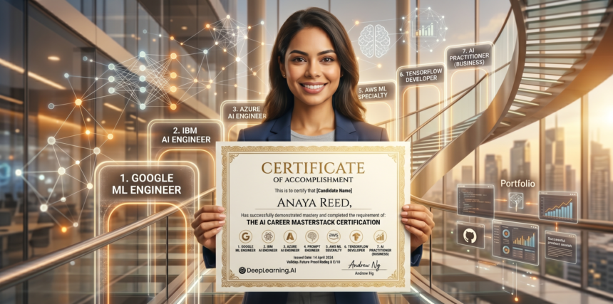 A professional holding a premium gold-foiled certificate representing mastery of 7 FREE AI Courses for the 2026 workforce.