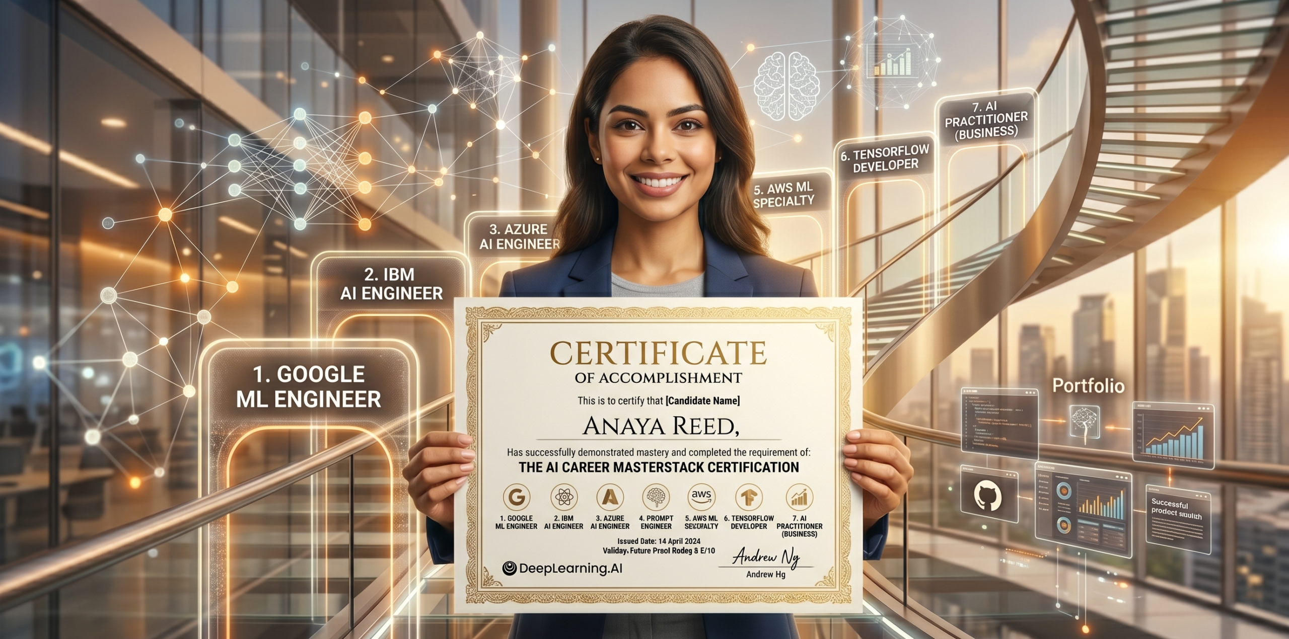 A professional holding a premium gold-foiled certificate representing mastery of 7 FREE AI Courses for the 2026 workforce.