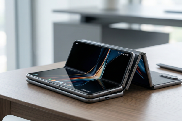 Huawei Mate XT triple foldable smartphone showcasing its unique dual-hinge mechanism transitioning from phone to tablet size.