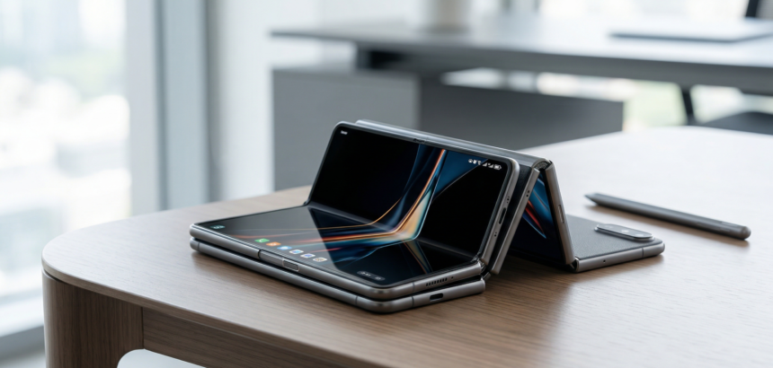 Huawei Mate XT triple foldable smartphone showcasing its unique dual-hinge mechanism transitioning from phone to tablet size.