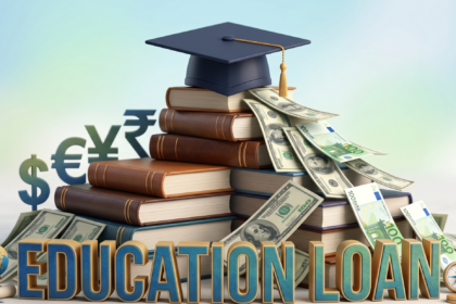 3D render of a graduation cap on a stack of books and money representing an Education Loan for global studies.
