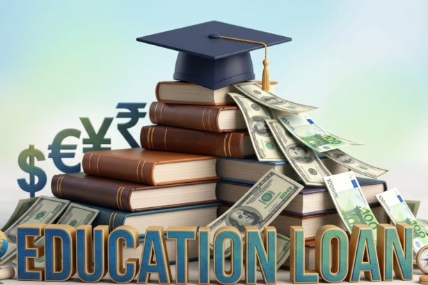 3D render of a graduation cap on a stack of books and money representing an Education Loan for global studies.