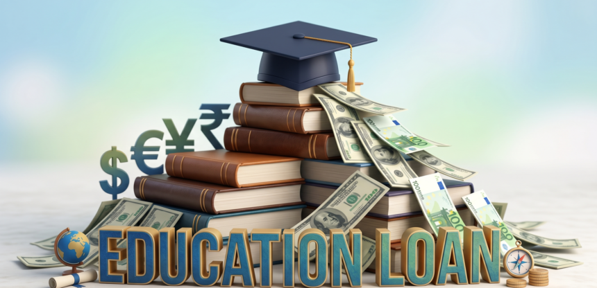 3D render of a graduation cap on a stack of books and money representing an Education Loan for global studies.