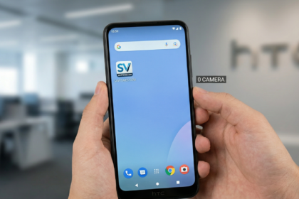Front and back view of the HTC Wildfire E7 0 camera-free smartphone for secure environments.
