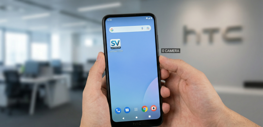 Front and back view of the HTC Wildfire E7 0 camera-free smartphone for secure environments.
