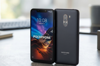 A front and back product shot of the Graphite Black Poco F1 with 845 Snapdragon on a desk, highlighting the large notch and vertical dual cameras.