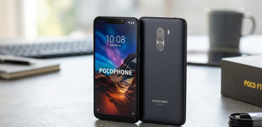 A front and back product shot of the Graphite Black Poco F1 with 845 Snapdragon on a desk, highlighting the large notch and vertical dual cameras.