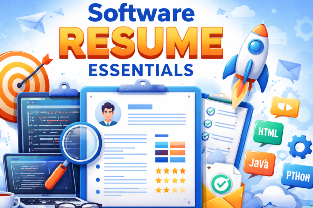 A high-authority infographic illustrating the Software Resume Essentials for an ATS-optimized software engineering resume.