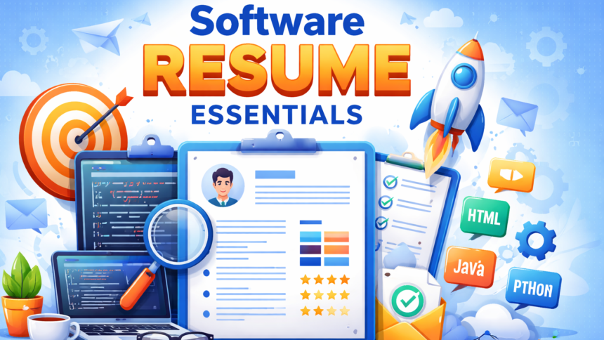 A high-authority infographic illustrating the Software Resume Essentials for an ATS-optimized software engineering resume.
