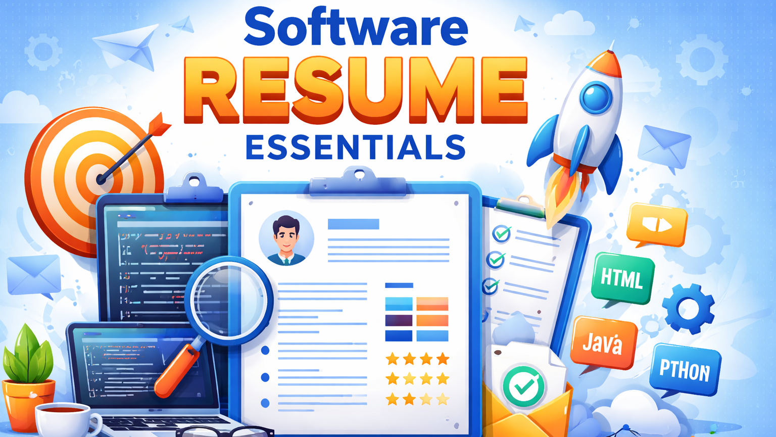 A high-authority infographic illustrating the Software Resume Essentials for an ATS-optimized software engineering resume.